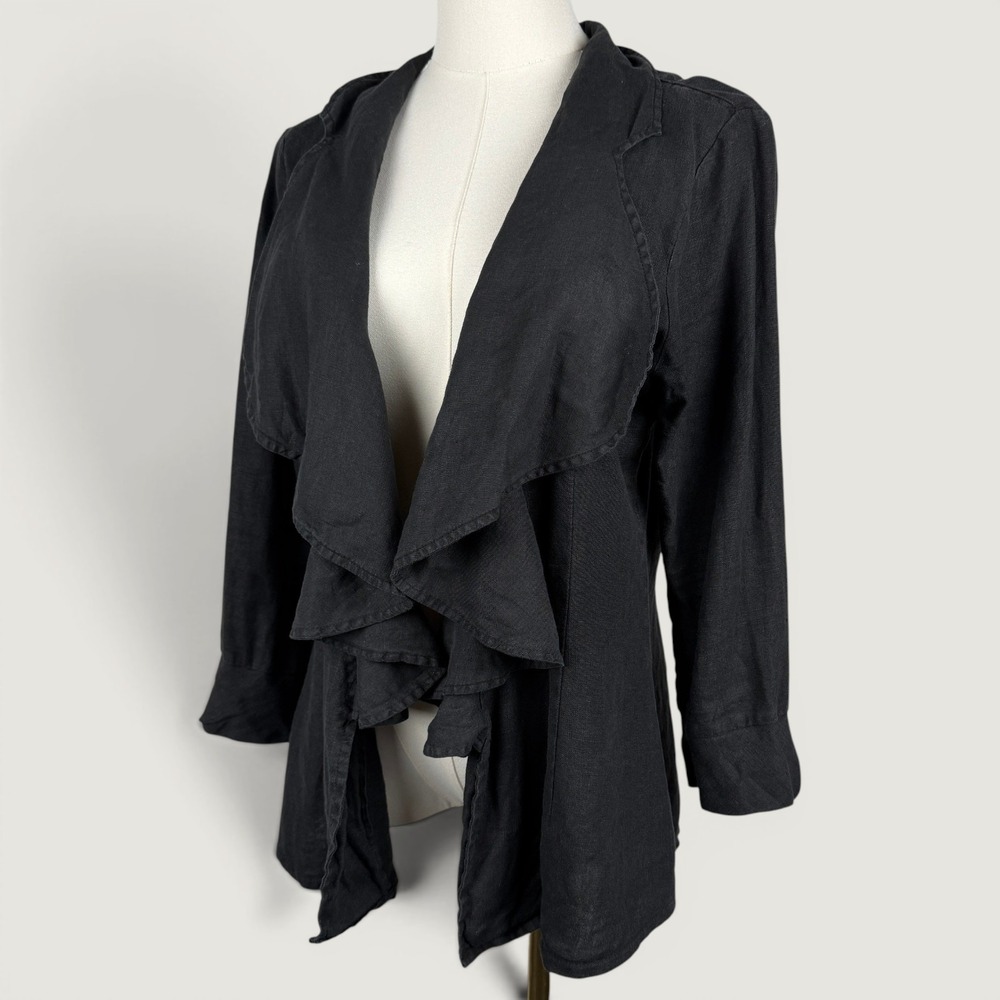 Claudio Milano Ruffle Open Front Linen Jacket Size L Lagenlook Coastal Grandma